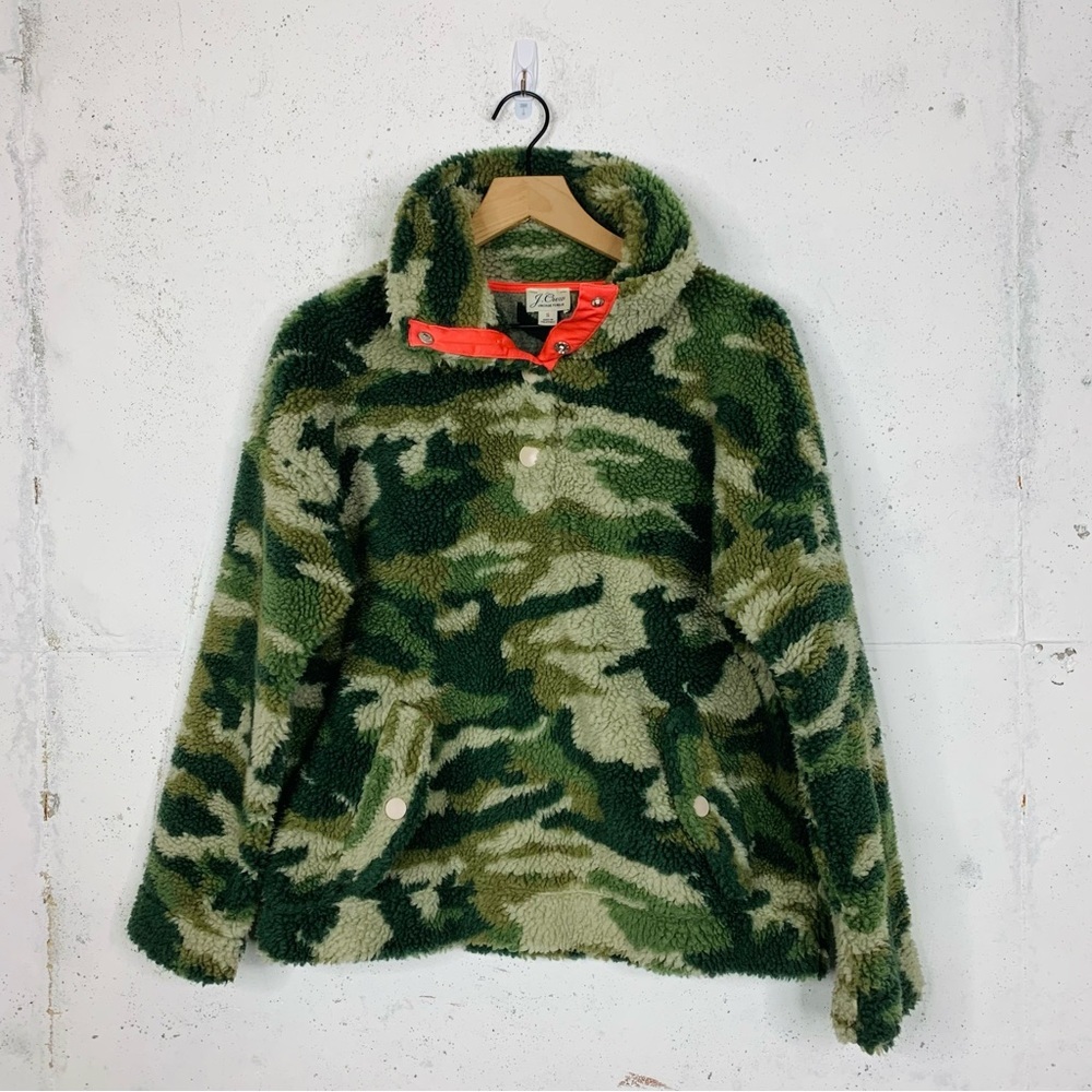 J. Crew Snap Collar Sherpa Fleece Camo Pullover Sweater Size Small